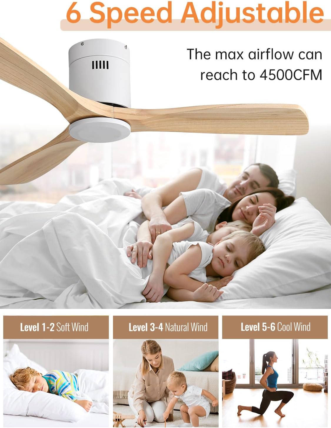 Sofucor Ceiling Fan without Lights, 52 Inch Low Profile Flush Mount Mordern Wood Ceiling Fan with Remote for Indoor Farmhouse Bedroom Living Room Outdoor Patio Porch, Reversible DC Motor, Noiseless