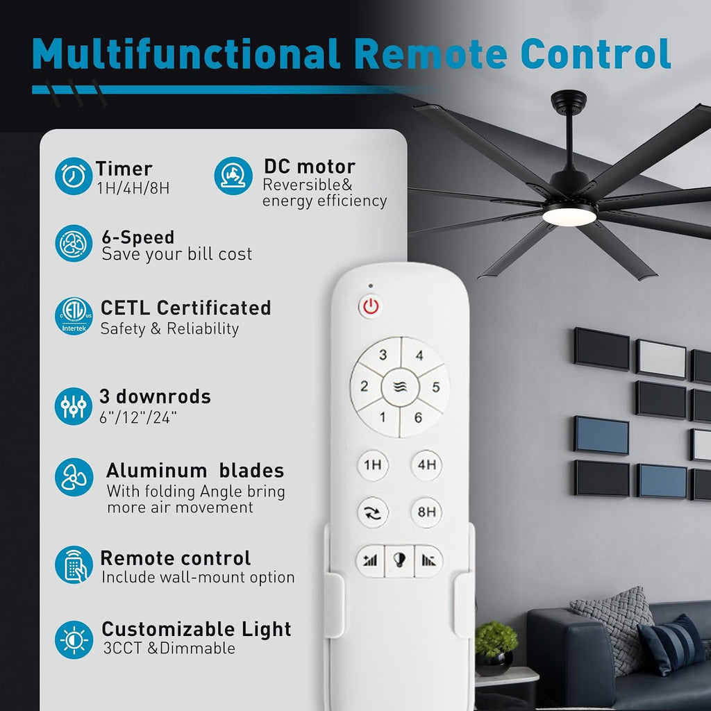 Minislak 84 lnch lndustrial Celing Fan with Light and Remote Control,Large Celing Fan with 8 Black Aluminum Blades,6 Speed Noiseless DC Motor,Wet Rated Indoor Outdoor Ceiling Fans for Patio,exterior.