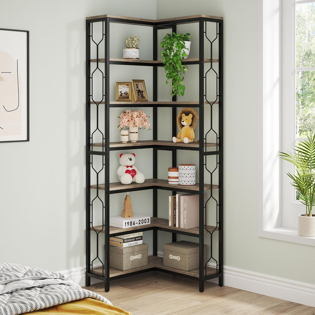 LITTLE TREE Corner Shelf, 7-Tier Industrial Corner Bookshelf, Wood and Metal Corner Etagere Bookcase, Freestanding Display Shelf for Living Room, Kitchen, Home Office, Grey