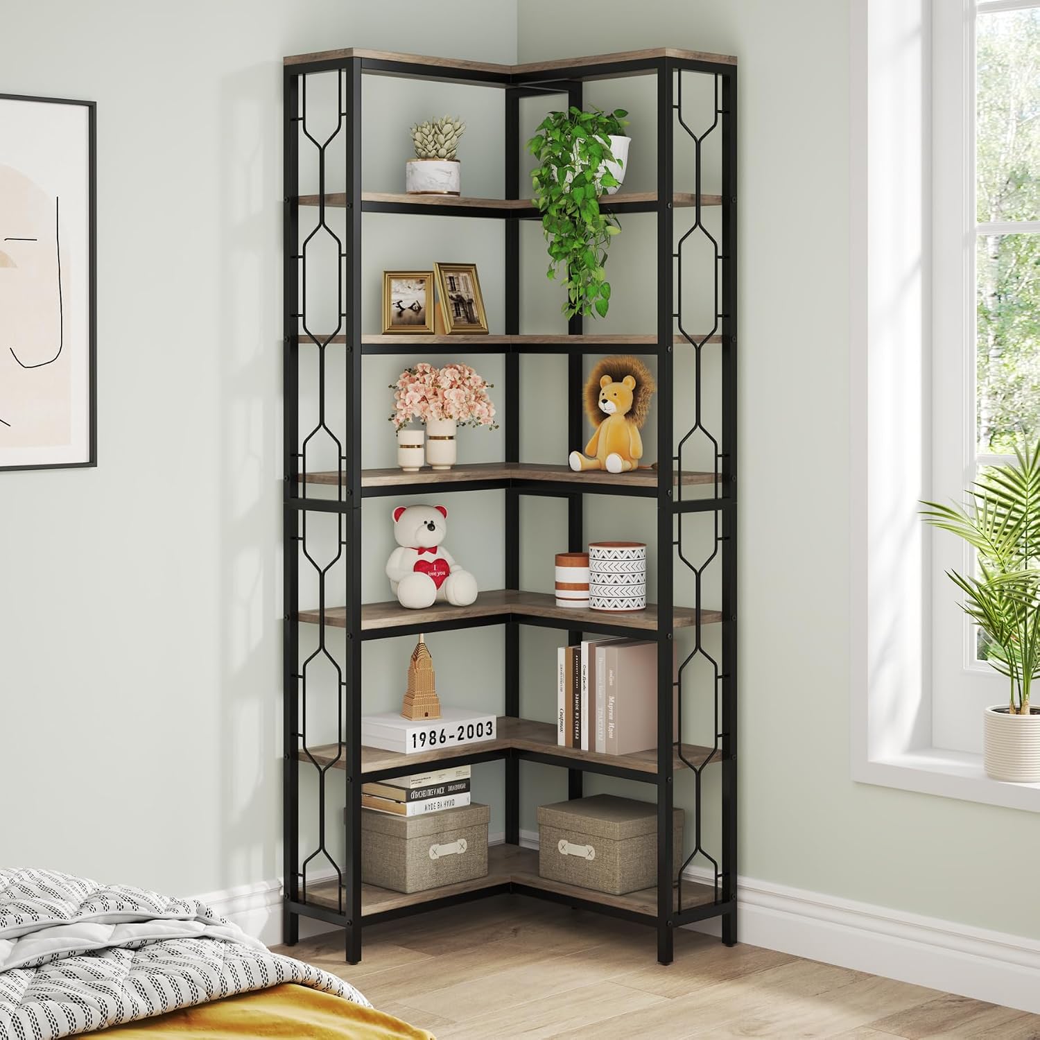 LITTLE TREE Corner Shelf, 7-Tier Industrial Corner Bookshelf, Wood and Metal Corner Etagere Bookcase, Freestanding Display Shelf for Living Room, Kitchen, Home Office, Grey