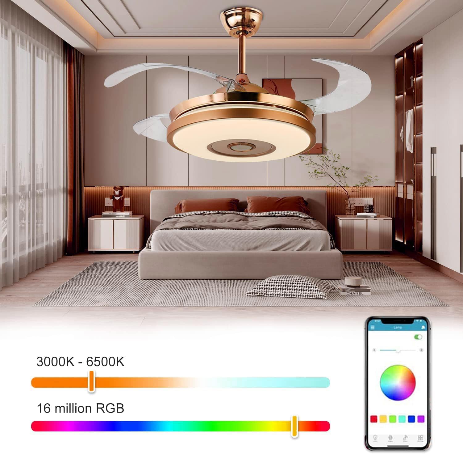 42' Modern Smart Bluetooth Ceiling Fans with Lights and Remote Control, Rose Gold Retractable Chandelier Fan Lighting with Speaker Play Music 7 Colorful Dimmable Fixture for Living Room