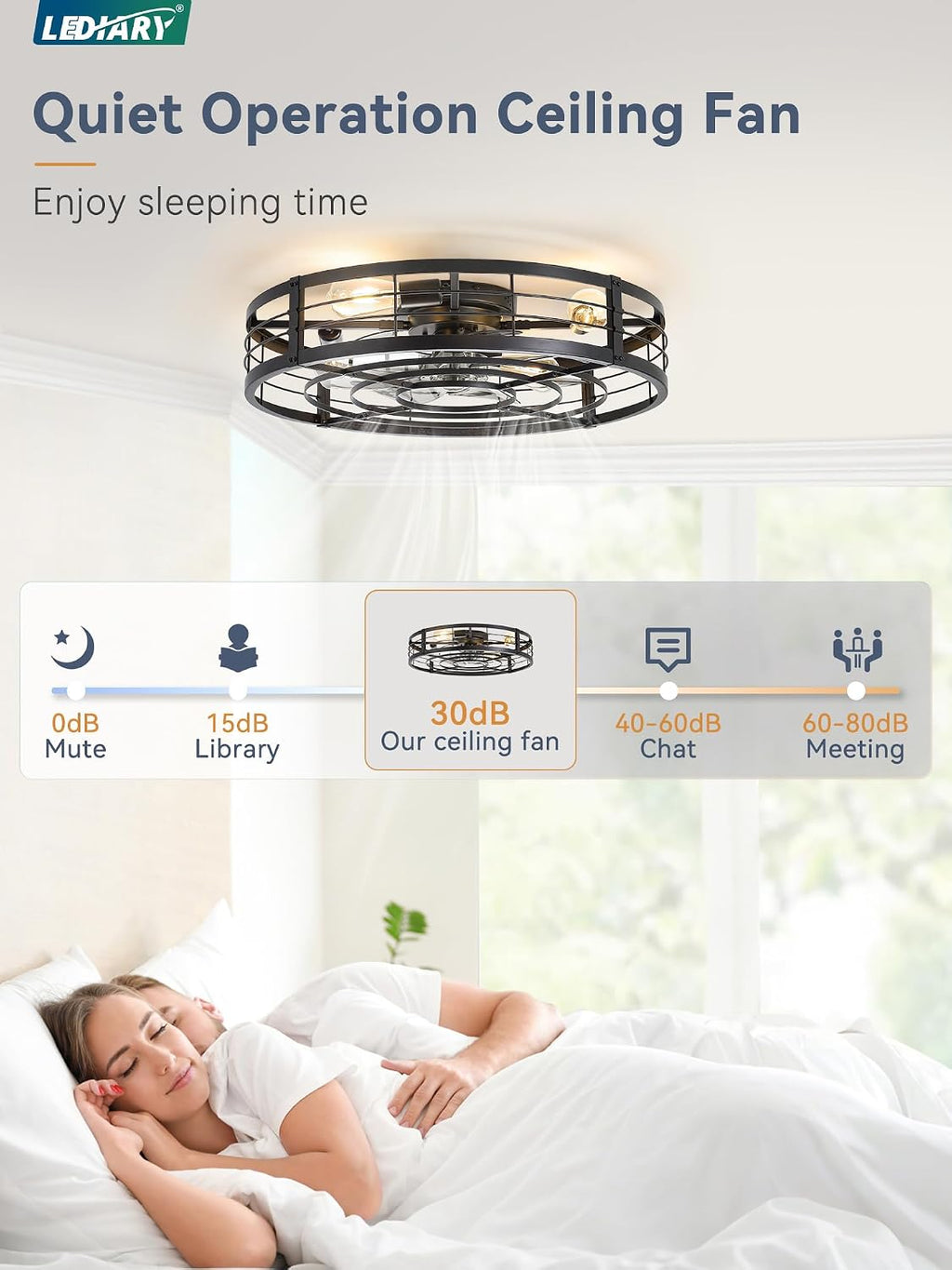 LEDIARY 26' Caged Ceiling Fan with Light and Remote, Low Profile Flush Mount Fandelier, Black Bladeless Enclosed Small Fan Lights Ceiling Fixtures, Rustic Farmhouse Style for Bedroom, Outdoor