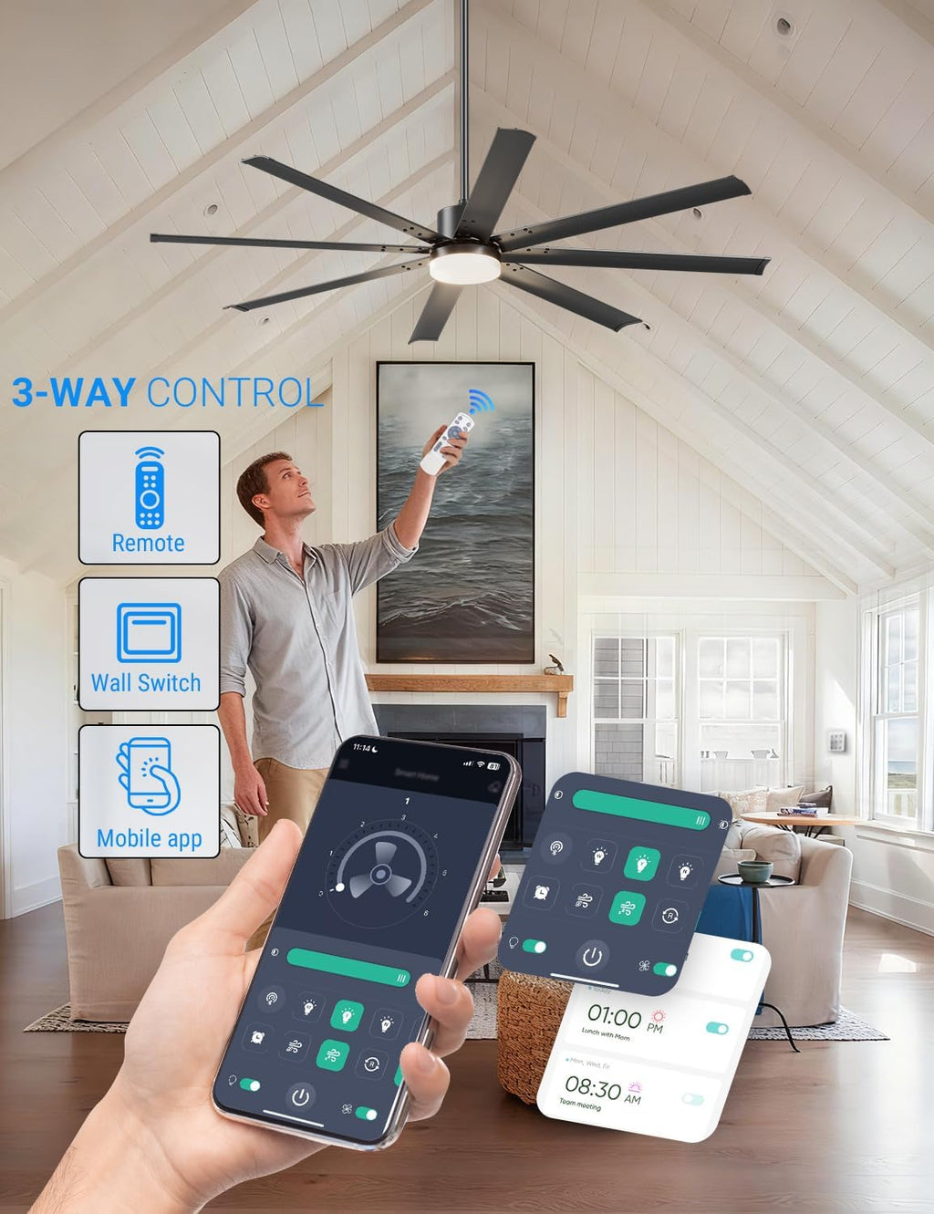 Carrefour 72 Inch Ceiling Fan with Lights, Industrial HVLS Large Ceiling Fans, 8 Aluminum Blades, Quiet DC Motor, APP/Remote/Wall Control, 3 Downrods Included, Damp Rated for Garage Living Room