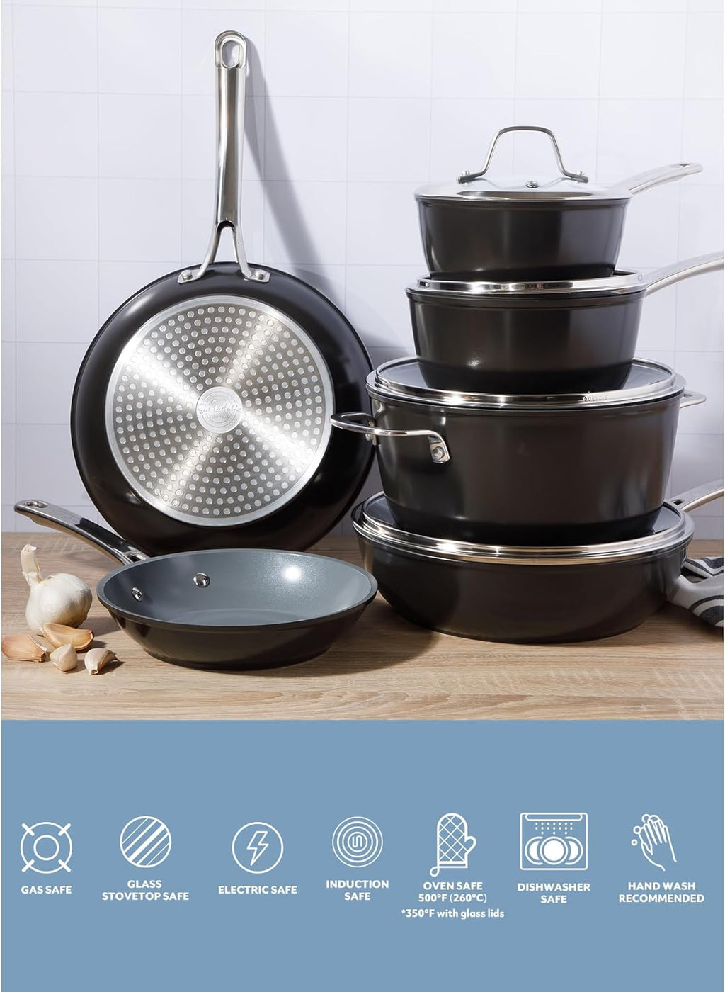 Sur La Table Kitchen Essentials Cool Commune Hard Anodized 10 Piece PFA Free Ceramic Non stick Interior Forged Durable Aluminum Pots and Pans Cookware Set - Black - Induction Compatible