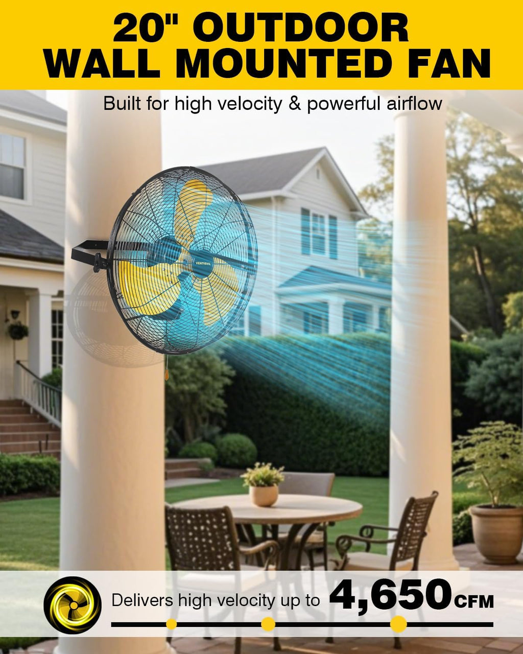 VENTISOL 20 Inch Waterproof Wall Mount Fan, Barn Fan with Sealed Motor 3-Speeds 4650 CFM Heavy Duty for Home, Workshop, Industrial, Barn, Greenhouse, ETL Listed