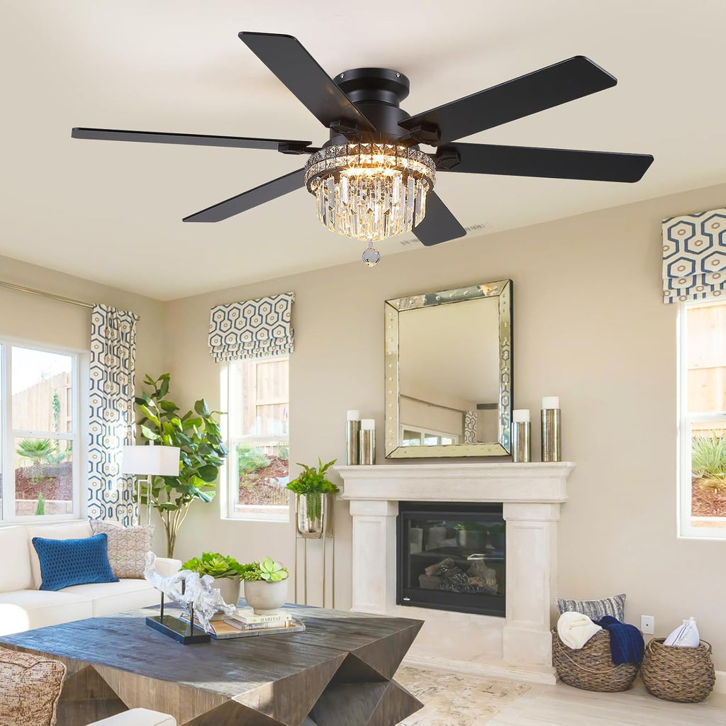 Asyko Crystal Ceiling Fan Fandelier with Lights - 52' Outdoor Fans with Remote Control，Crystal Ceiling Fans Noiseless DC Motor, Retro/Farmhouse Lighting, Dining Room,Living Room