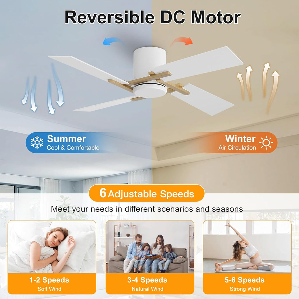 WINGBO 48 Inch Flush Mount Ceiling Fan without Light - 4 Plywood Blades, 6-Speed Reversible DC Motor, Noiseless Low Profile Ceiling Fan No Light for Bedroom Living Room, Gold and White
