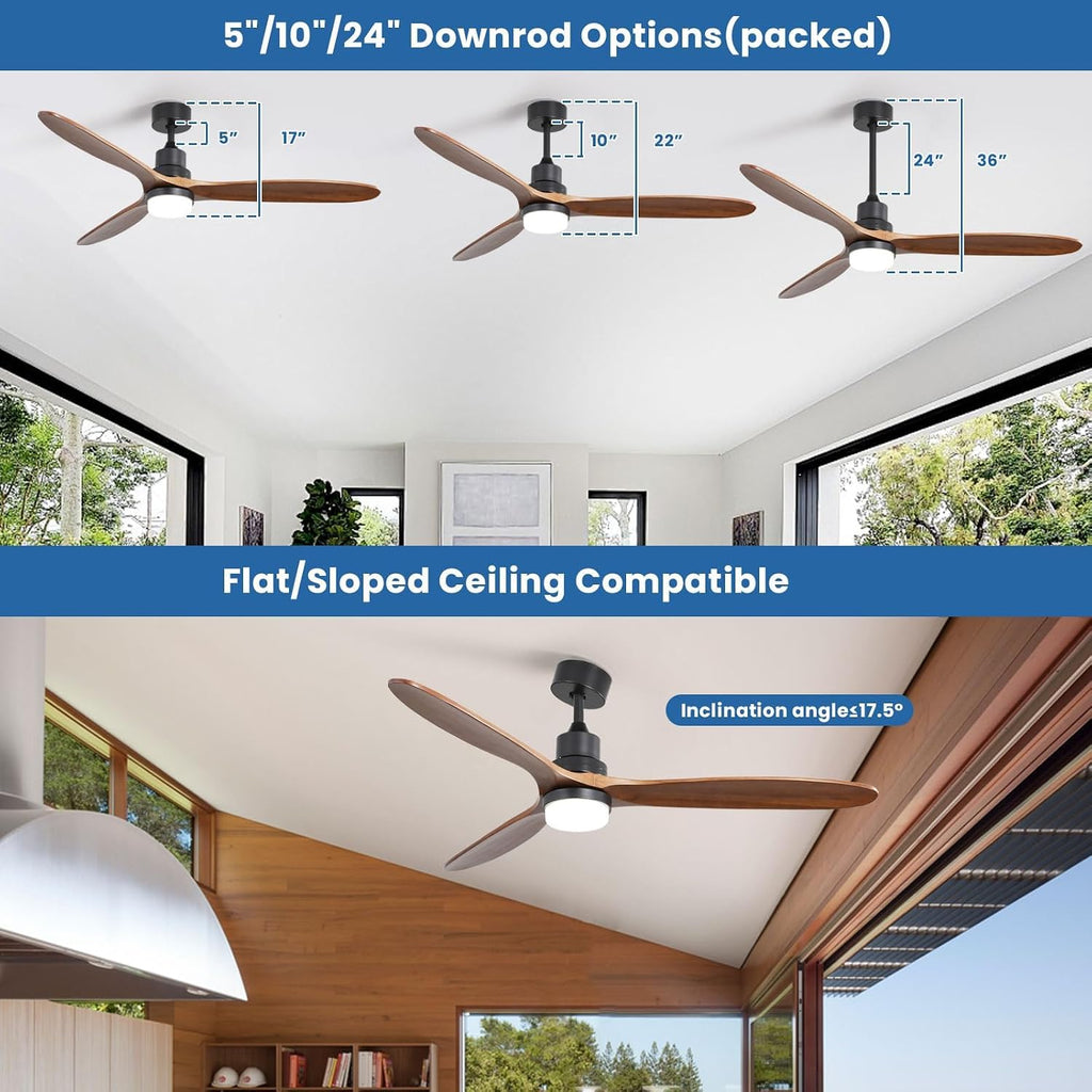 Sofucor 60 Inch Ceiling Fan with Light and Remote - 3 Solid Wood Blades, Quiet DC Motor, 6 Speeds 7000CFM, Dimmable Tri-Color LED with Memory, Timer & Reversible for Living Room, ETL, Walnut Wood