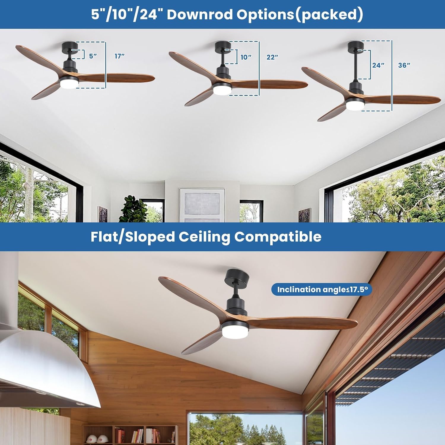 Sofucor 60 Inch Ceiling Fan with Light and Remote - 3 Solid Wood Blades, Quiet DC Motor, 6 Speeds 7000CFM, Dimmable Tri-Color LED with Memory, Timer & Reversible for Living Room, ETL, Walnut Wood