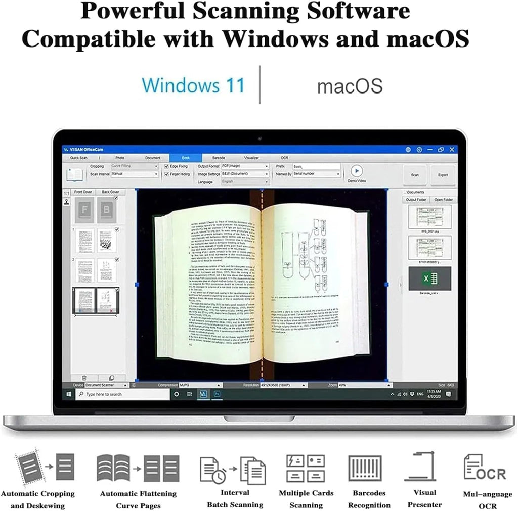 Large Format Book Scanner, Capture Size A2, 23MP High Resolution, with Auto-Flatten, Fingerprint Removal Technologies, Adjustable Height, Multi-Language OCR