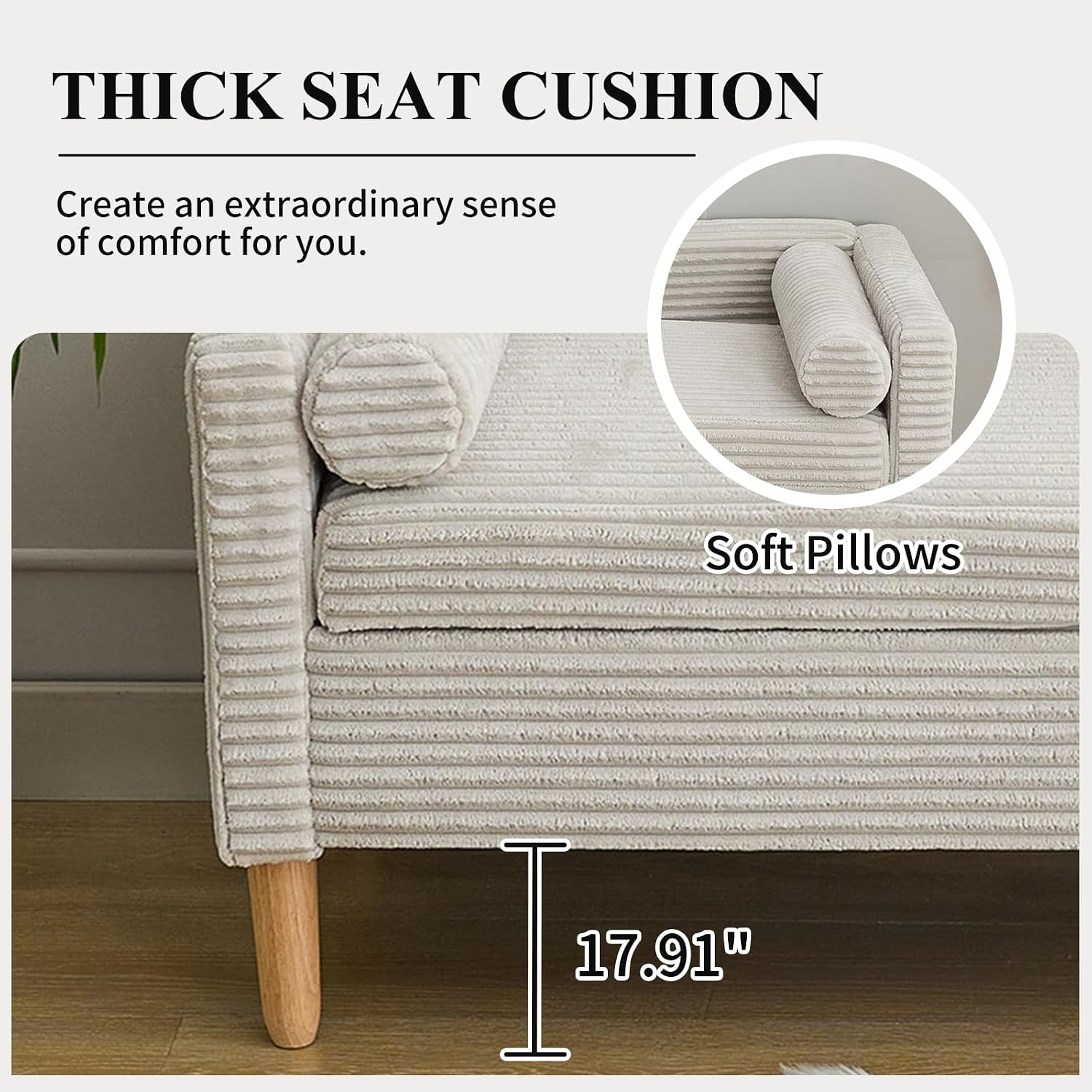 NIOIIKIT 65' Large Storage Ottoman Bench with 2 Pillows, Corduroy Upholstered Entryway Bench with Wood Leg, End of Bed Bench with Straight Armrest, Window Bench for Bedroom, Entryway (Light Grey)