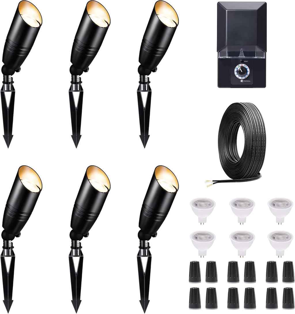 Black LED Outdoor Spotlights Kit, 6 Pack Low Voltage Landscape Lighting and 100W Transformer and 100FT Cable and 30 Wire Connectors, Aluminum Waterproof Uplights for House Garden Lawn