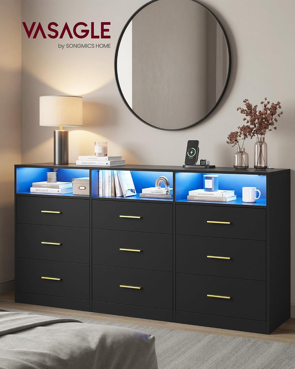 VASAGLE Custos Collection - Dresser for Bedroom, with LED Lights and Power Strip, Chest of Drawers, Modern, TV Stand for Living Room, 9 Drawers, 15.8 x 63 x 32 Inches, Ink Black ULTS319BC01S