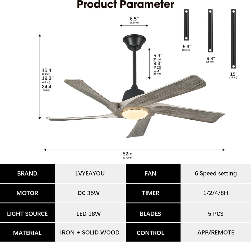 52 Inch Solid Wood Ceiling Fan with Lights, Remote and APP Control, 3-color Dimmable LED, DC Motor, 6-speed Reversible, Modern Ceiling Fans for Bedroom, Living Room, Greywood