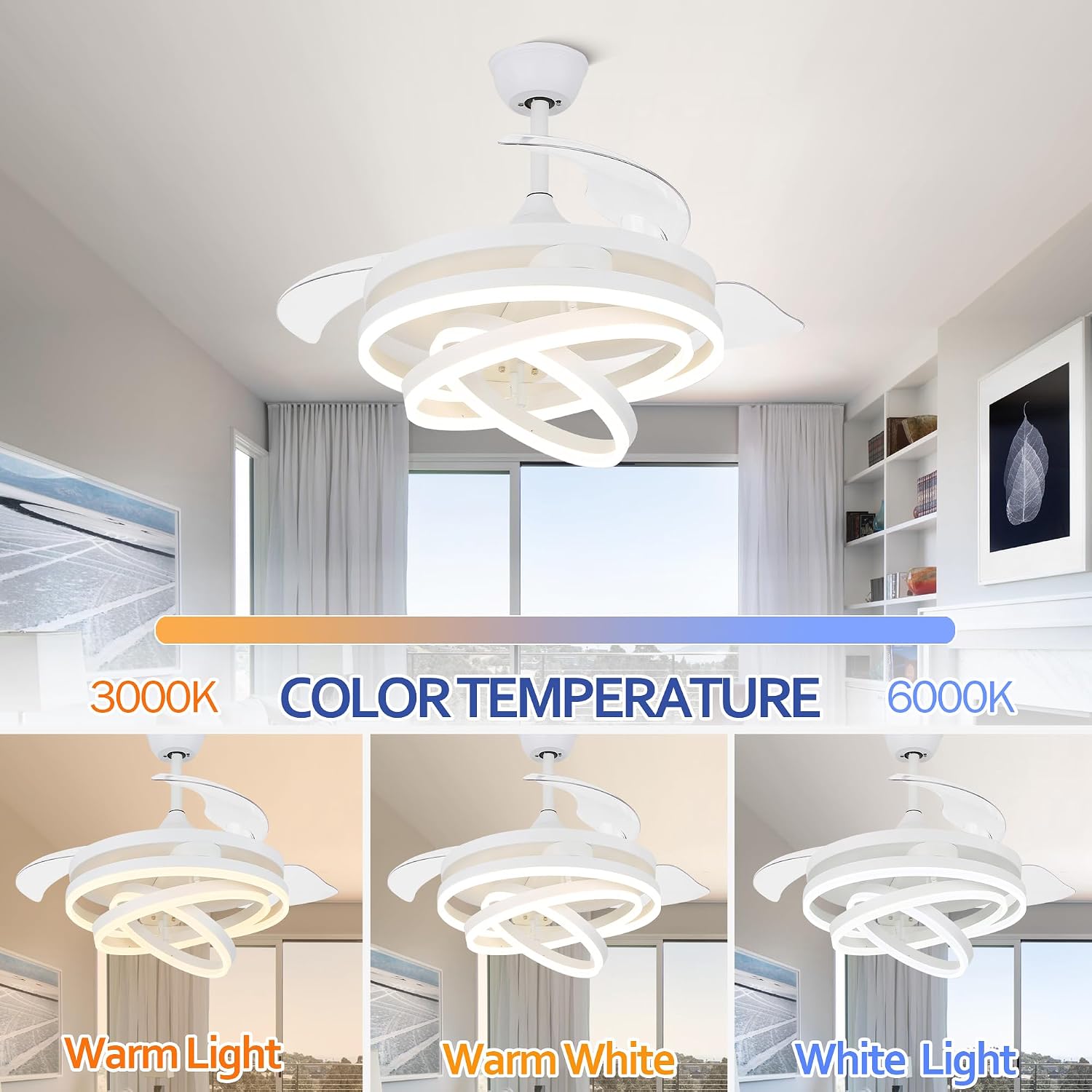 White 42' Retractable Fandelier Ceiling Fan with Lights Remote - Silent Dimmable Modern 6 Speed LED Chandelier Fan for Bedroom Living Room Kitchen