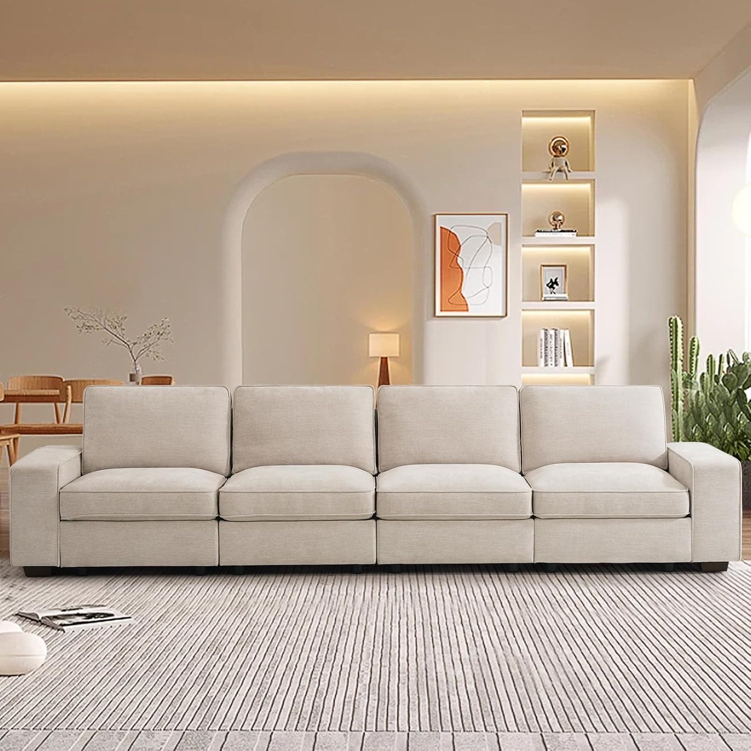 TEKAMON 128' Modular Sofa Couch with Large Seats Storage, Chenille Sofa,Modern Comfy 4-Seater Couch for Living Room, Office, Deep Seat, Wide Armrest, Side Pockets, USB Port, Removable Covers, Beige