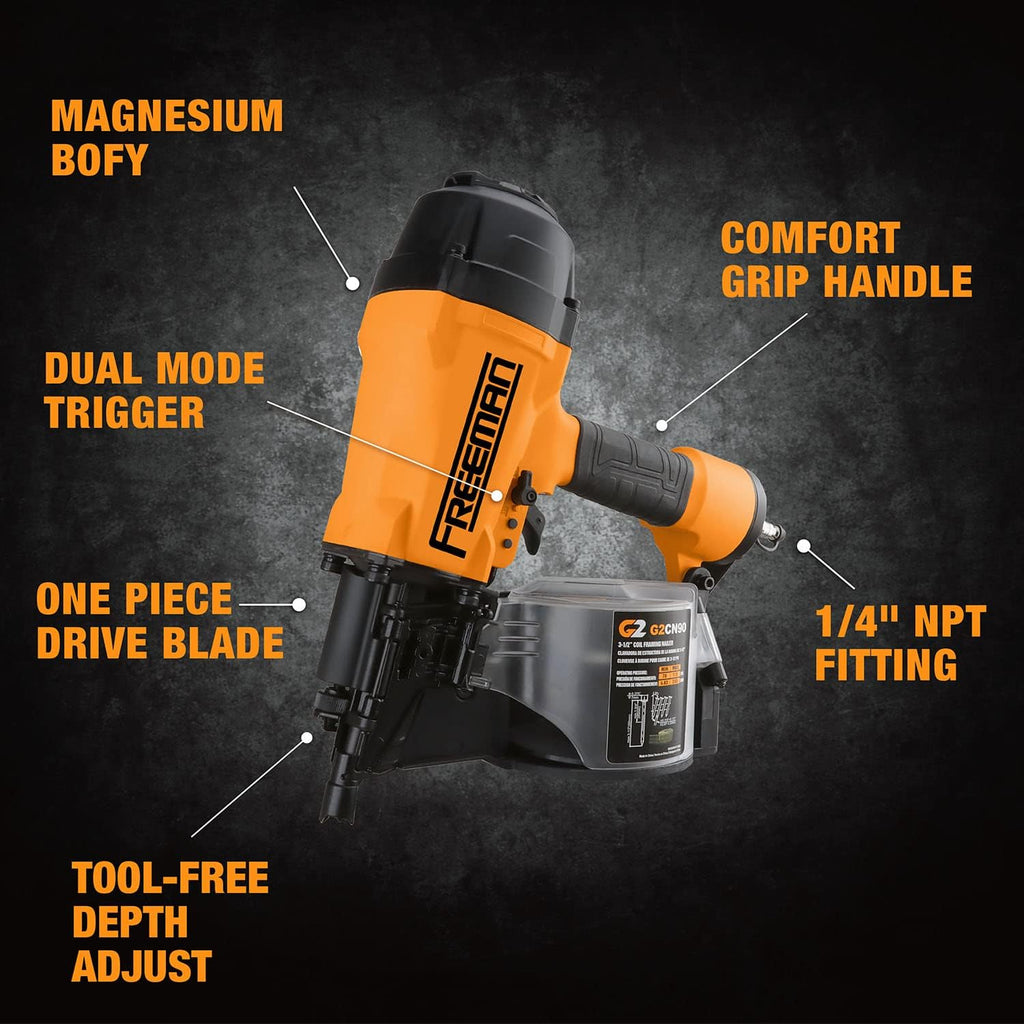 Freeman 2nd Generation Pneumatic 15° 3-1/2' Coil Framing Nailer | G2CN90 | Framing, Truss Construction, Sheathing, Subfloors, Decks, Roof Decking, Siding, Wood Fencing, Crate and Pallet Assembly