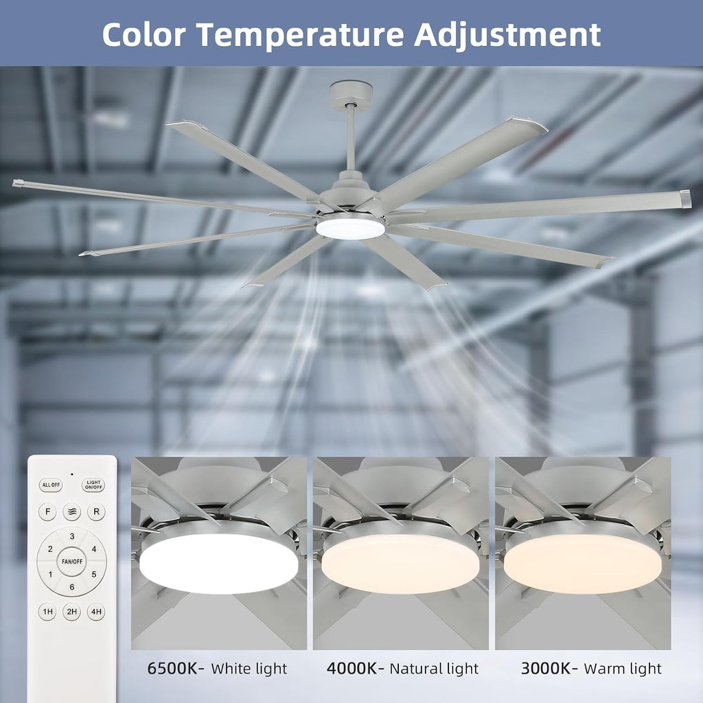 YYEHON 96 Inch Ceiling Fan with Light and Remote Control，Industrial Large Ceiling Fans with 8 Aluminum Blades, Silver，3CCT,Commercial Ceiling Fan for Porch/Garage/Shop