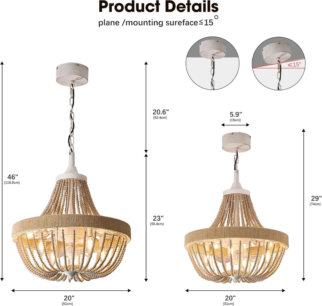 20' Rustic Beaded Chandelier Ceiling Fan with Lights, Remote & App Control, 6 Speed, 8-Lights Boho Fandelier, for Bedroom, Dining Room (Retro White)