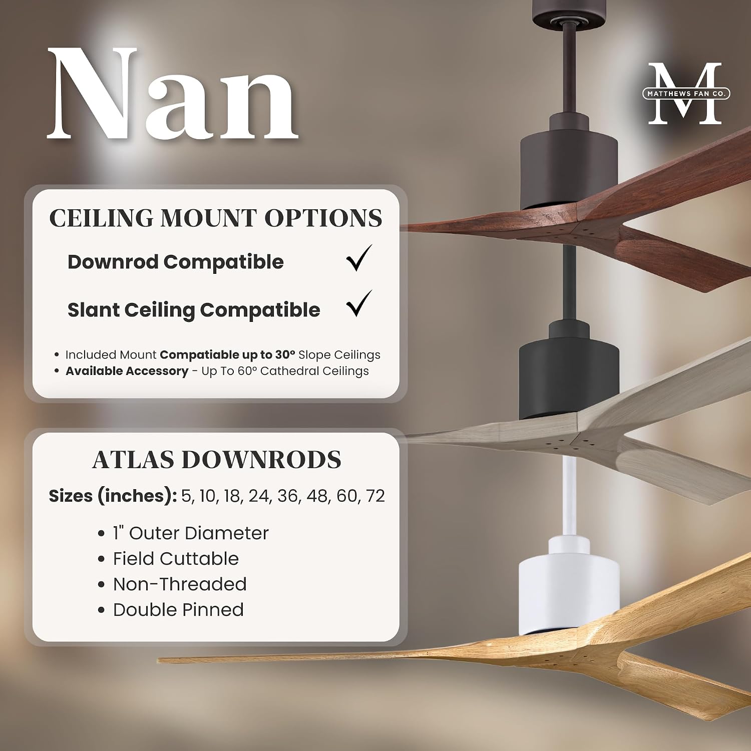 Matthews NK-BK-LM-52 Nan Damp Rated 52' Ceiling Fan with Remote and Wall Control, 3 Solid Wood Blades, Silent DC Motor, Matte Black with Light Maple Tone