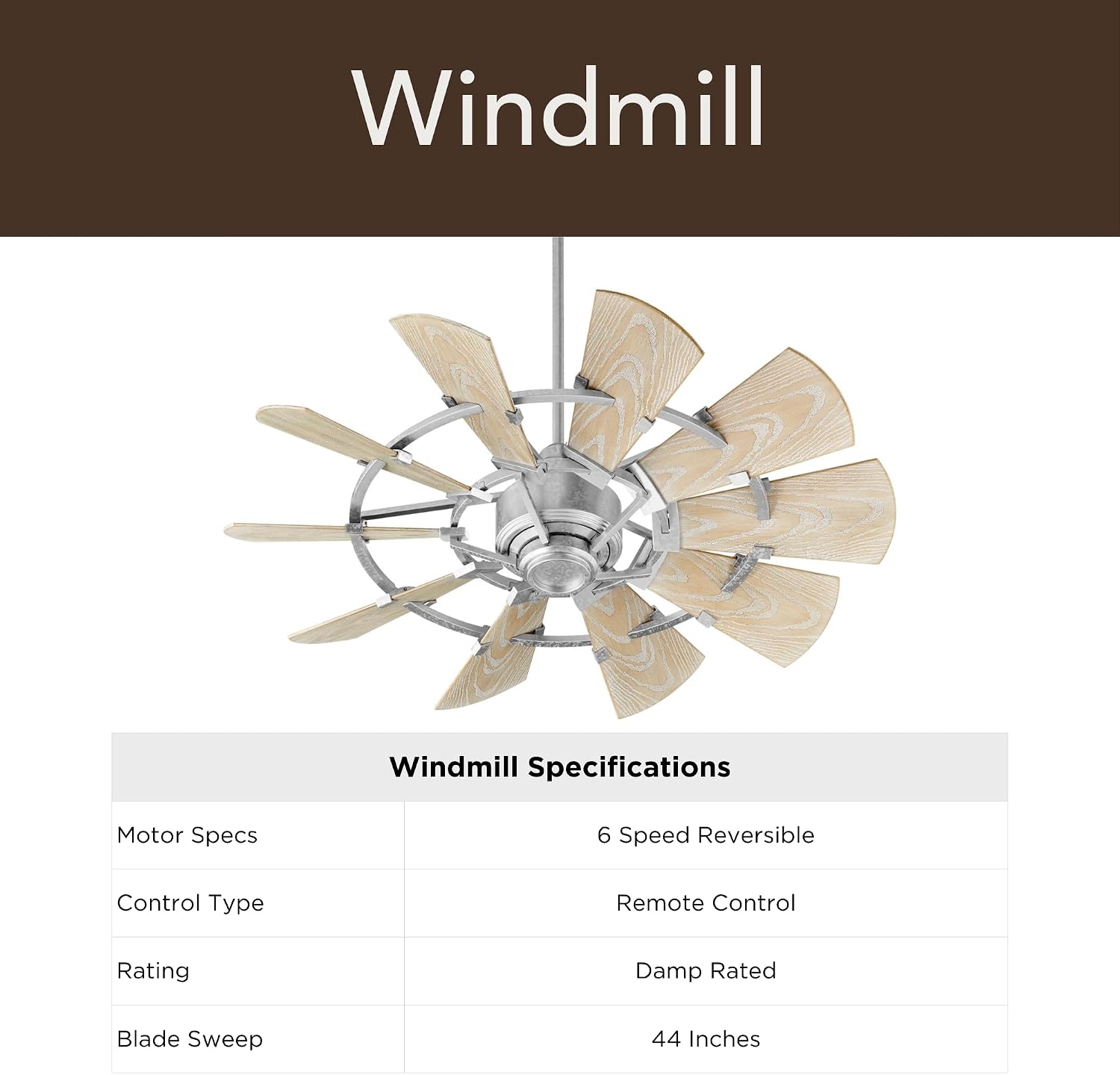 Quorum 194410-9 Windmill 44 Inch Ceiling Fan | 10 Blade Indoor Outdoor Fan | 3 Speed DC Motor | Wall Control Included | Light Kit Adaptable | Galvanized Finish with Weathered Oak Blades