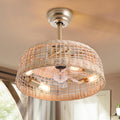 Boho Ceiling Fans with Lights 18.9in Wicker Fandelier Caged Ceiling Fan with Lighting Rattan Fandeliers for Bedroom Kitchen Dining Room Nursery Living Room, Remote Control 6 Speeds E26 Base