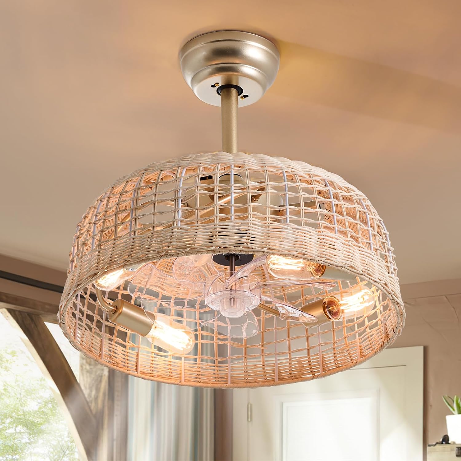 Boho Ceiling Fans with Lights 18.9in Wicker Fandelier Caged Ceiling Fan with Lighting Rattan Fandeliers for Bedroom Kitchen Dining Room Nursery Living Room, Remote Control 6 Speeds E26 Base