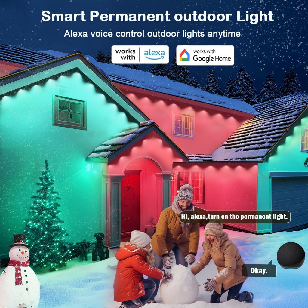 iYogaled 150ft Permanent Outdoor Christmas Lights for House, Smart RGB+IC+Warm to Cool White LED Eave Lights with App Control, IP65 Outside Light Compatible with Alexa, Google Assistant