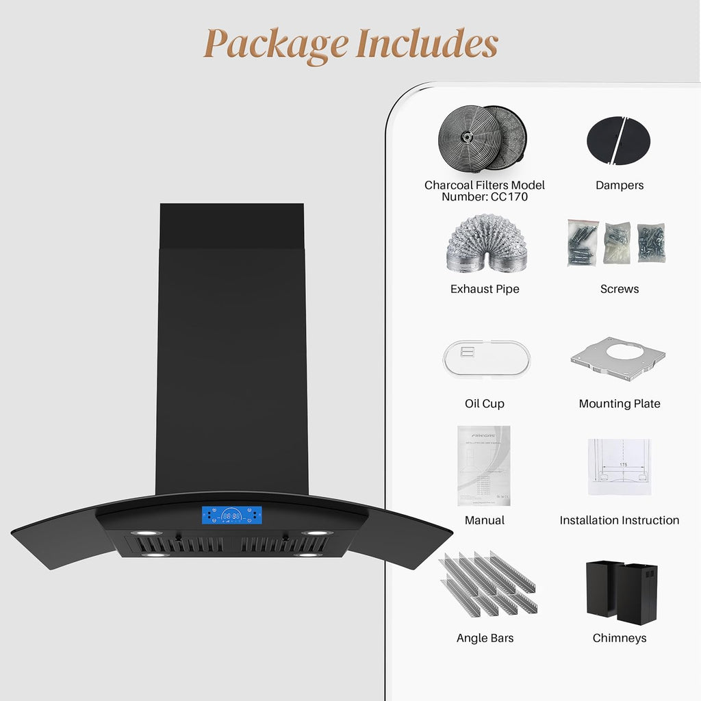 FIREGAS Black Island Range Hood 36 Inch, 700 CFM Ductless/Ducted Ceiling Mount Range Hood with 3 Speed Fan, Gesture, Remote & Touch Control, LED Light Vent Hood for Kitchen