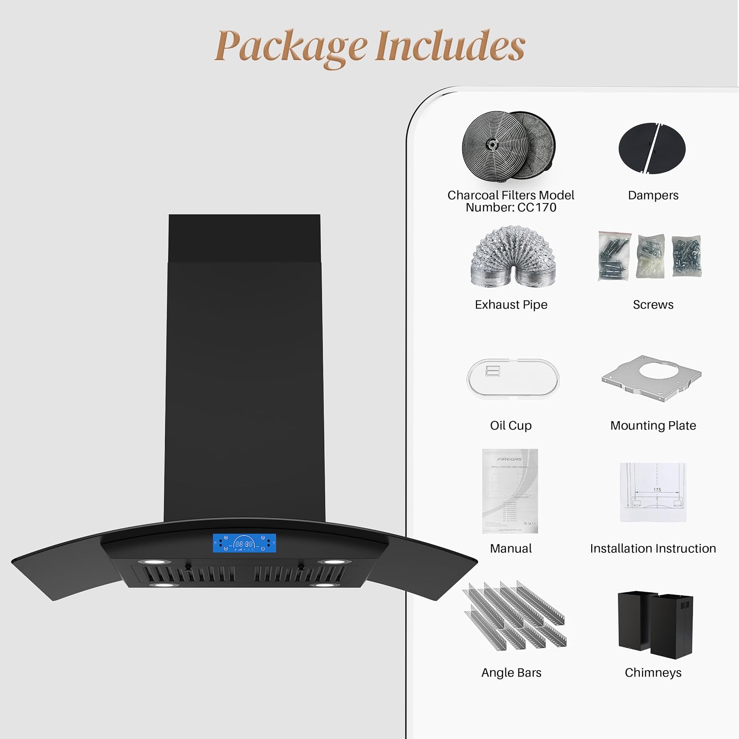 FIREGAS Black Island Range Hood 36 Inch, 700 CFM Ductless/Ducted Ceiling Mount Range Hood with 3 Speed Fan, Gesture, Remote & Touch Control, LED Light Vent Hood for Kitchen