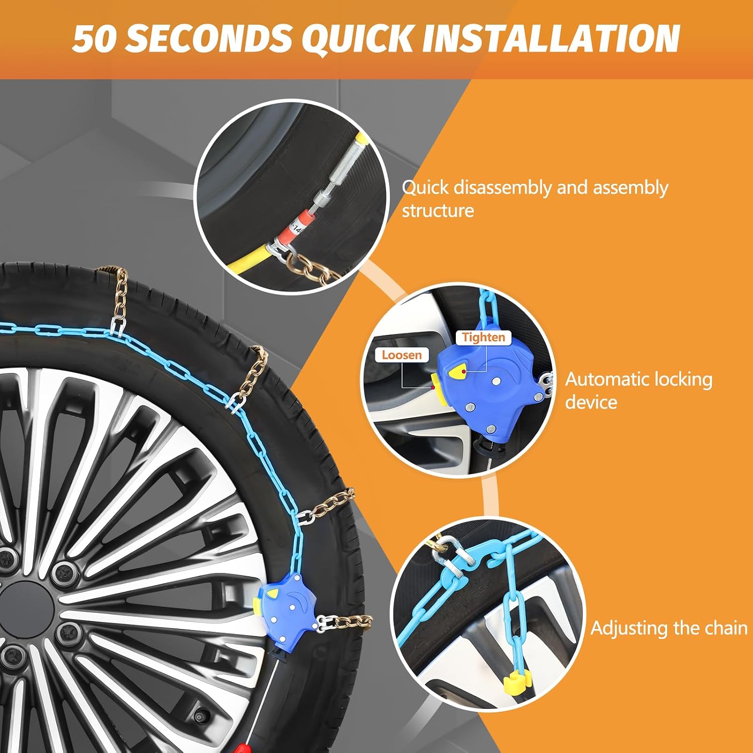 DEDC Auto Lock Snow Tire Chains,50s Quick Easy,Enhanced Manganese Steel Alloy,Endurance Life 650 Mi for Car SUV and Pickup Truck 245 255 265 275 295 315 Set of 2 (LS1619)