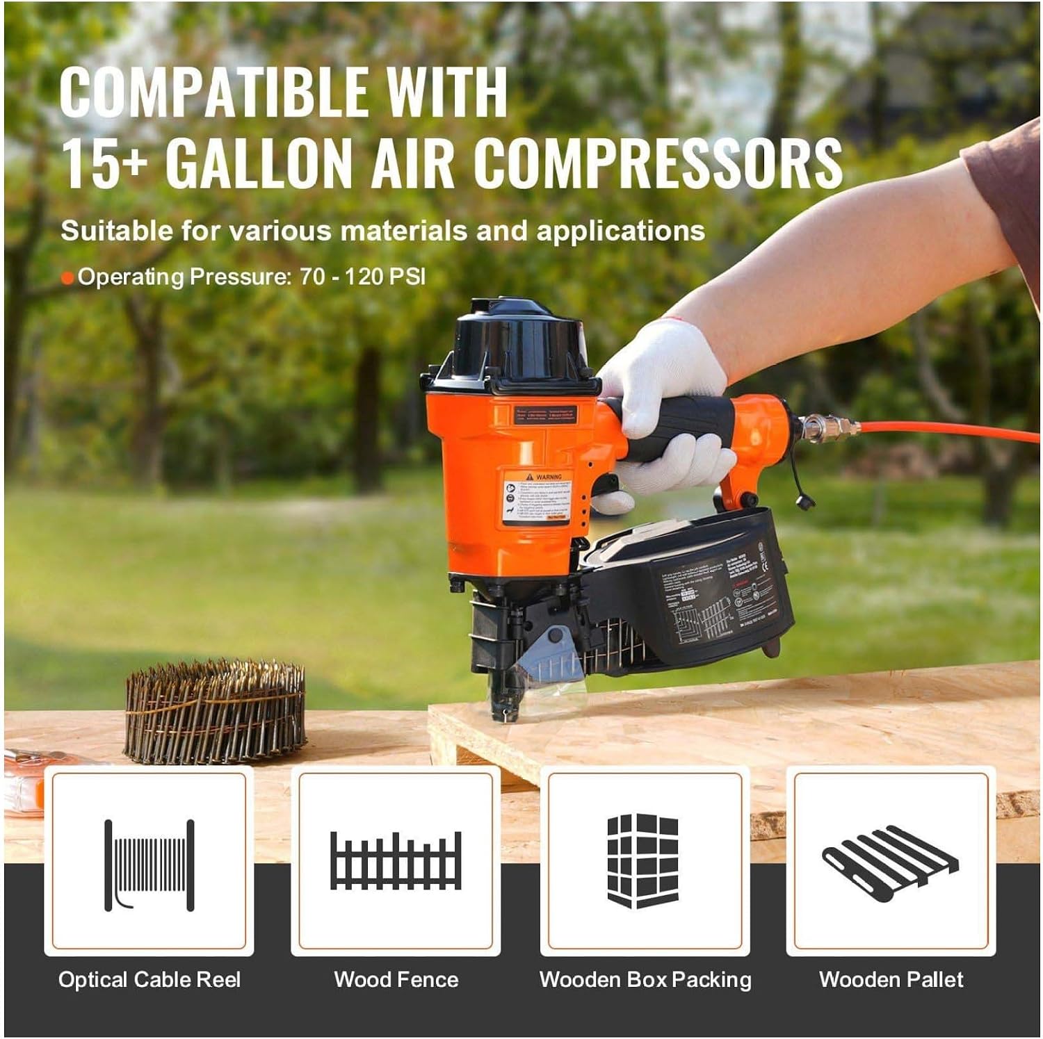MCN55 Coil Nailer - 15 Degree Pneumatic Nail Gun - 1 to 2-1/4 Inch Coil Siding Nailer - Wood Pallet & Furniture Assembly - High Capacity Magazine