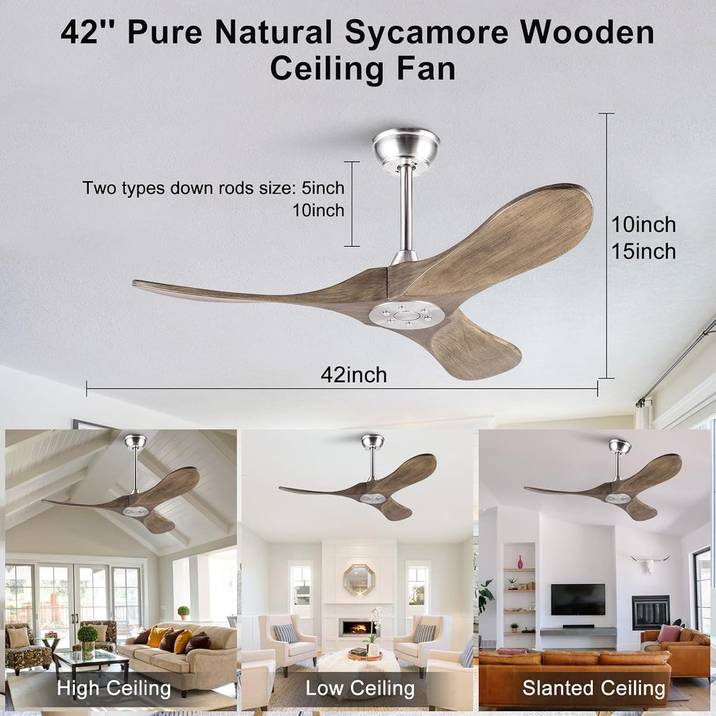 42 Inch Solid Wood Ceiling Fan with Remote,Outdoor Ceiling Fan no Light,6 Speeds,Noiseless,Reversible DC Motor,Modern Ceiling Fans without Lights for Bedroom Farmhouse Patios Study Brushed Nickel