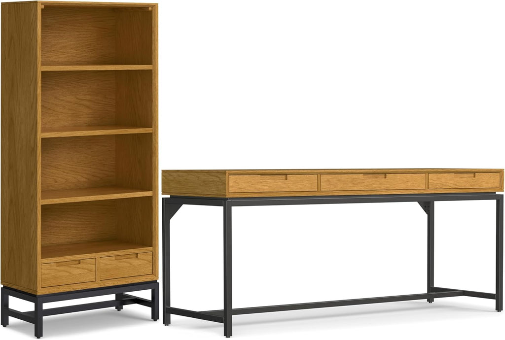SIMPLIHOME Banting Desk and Bookcase Bundle - 72 inch Wide Solid Wood Desk with Drawers and 30 inch Wide 4-Shelf Bookcase in Oak, Modern Industrial Home Office Furniture (Set of 2)