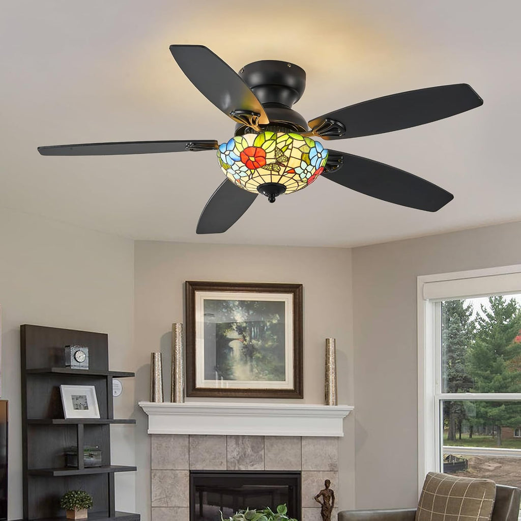 Tiffany Ceiling Fans with Lights - 48' Ceiling Fan Chandelier with 5 Dual-Blades and Glass Shade, 6 Speeds and Reversible, Indoor and Outdoor, Retro Style