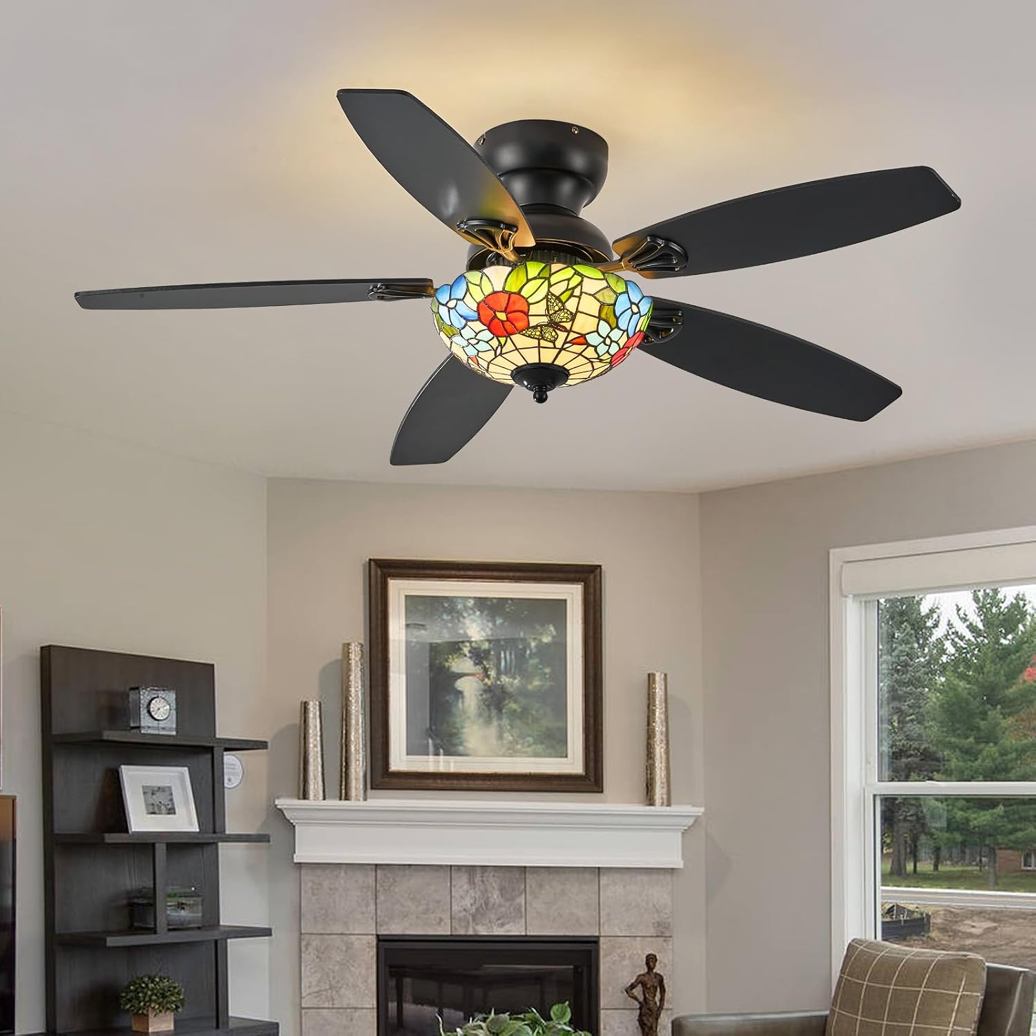 Tiffany Ceiling Fans with Lights - 48' Ceiling Fan Chandelier with 5 Dual-Blades and Glass Shade, 6 Speeds and Reversible, Indoor and Outdoor, Retro Style