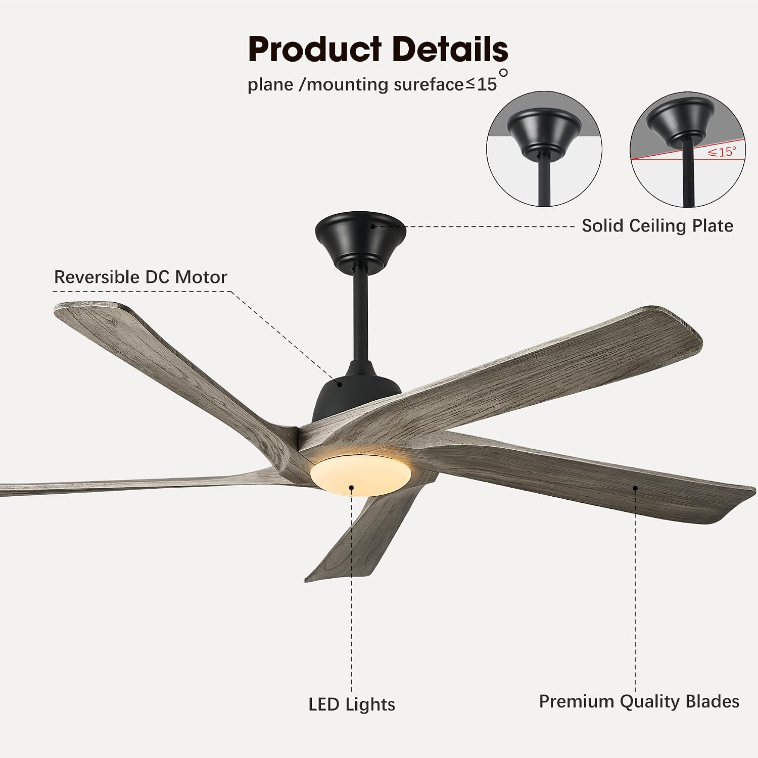 60' Solid Wood Ceiling Fan with Lights, Remote and APP Control, 3-color Dimmable LED, 6-speed Reversible, Modern Ceiling Fans for Bedroom, Living Room, Outdoor/Indoor, Greywood
