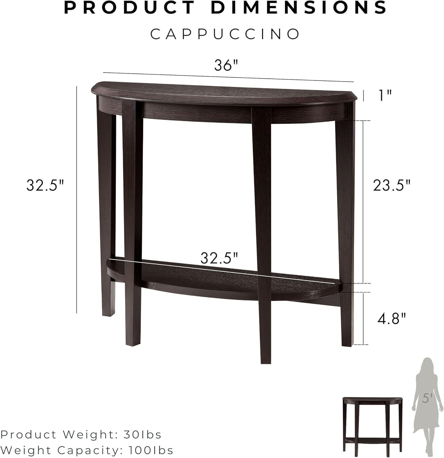 Homes: Inside + Out Payne Modern Half Moon Accent Console Table with Storage Shelf, Decorative Entryway Furniture for Living Room, Hallway, Entrance, Small Spaces, Cappuccino