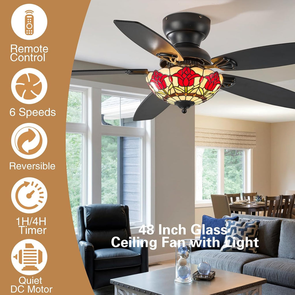 Tiffany Ceiling Fans with Lights - 48' Ceiling Fan Chandelier with 5 Dual-Blades and Glass Shade, 6 Speeds and Reversible, Indoor and Outdoor, Retro Style