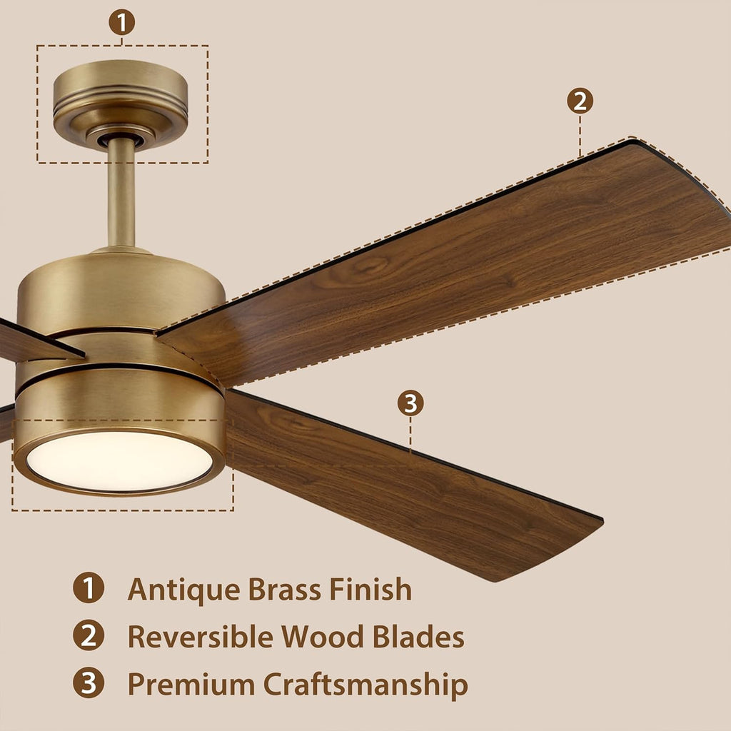 52 Inch Gold Ceiling Fan with Lights and Remote, APP Control, Quiet Reversible DC Motor, Dimmable LED Ceiling Fan, Modern Indoor Ceiling Fan for Bedroom Living Room Dining Room