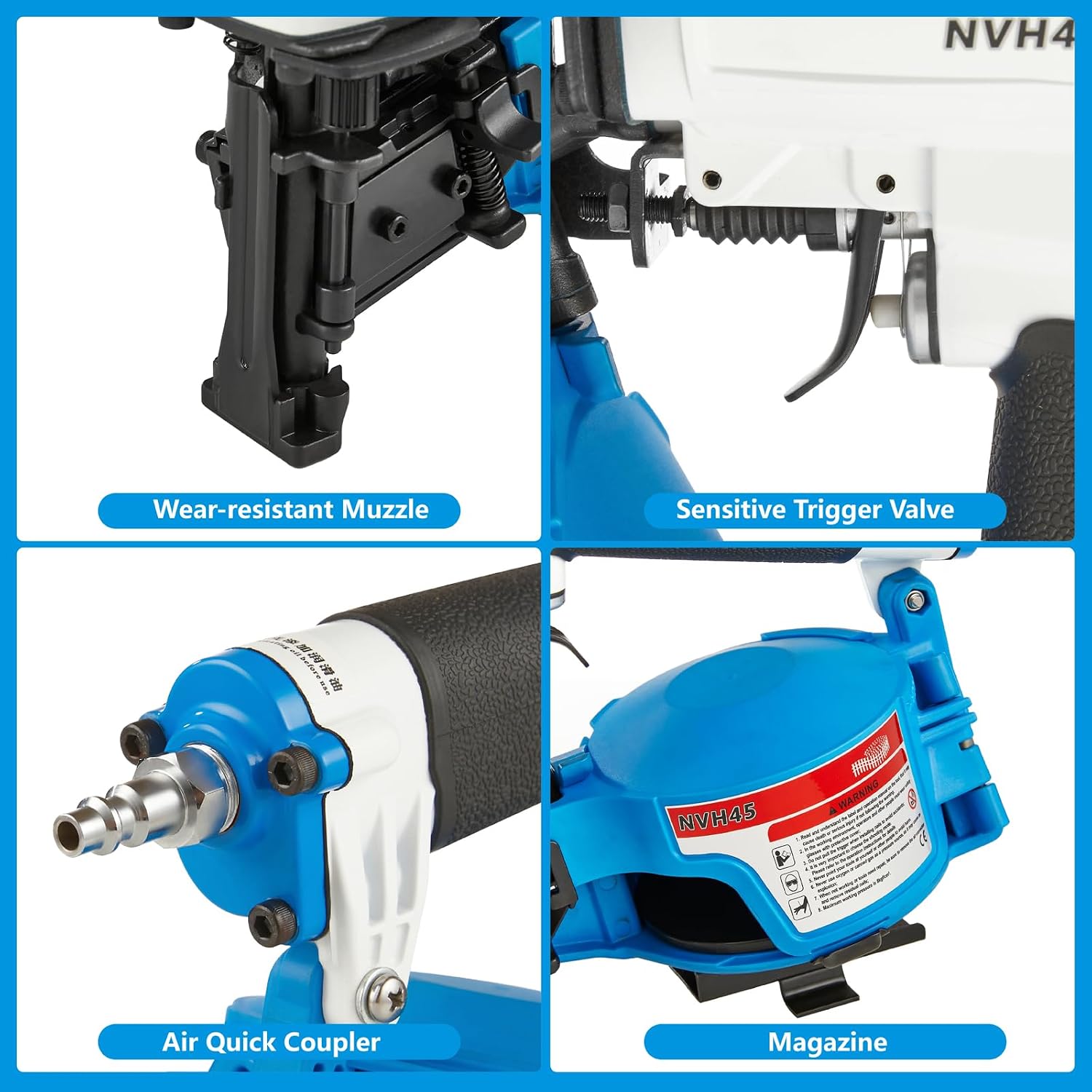 Maxparts Roofing Nail Gun NVH45 15 Degree Pistola De Roofing 7/8-Inch to 1-3/4-Inch Round Head Coil Nails for Wooden House Roof Building Light Blue Color
