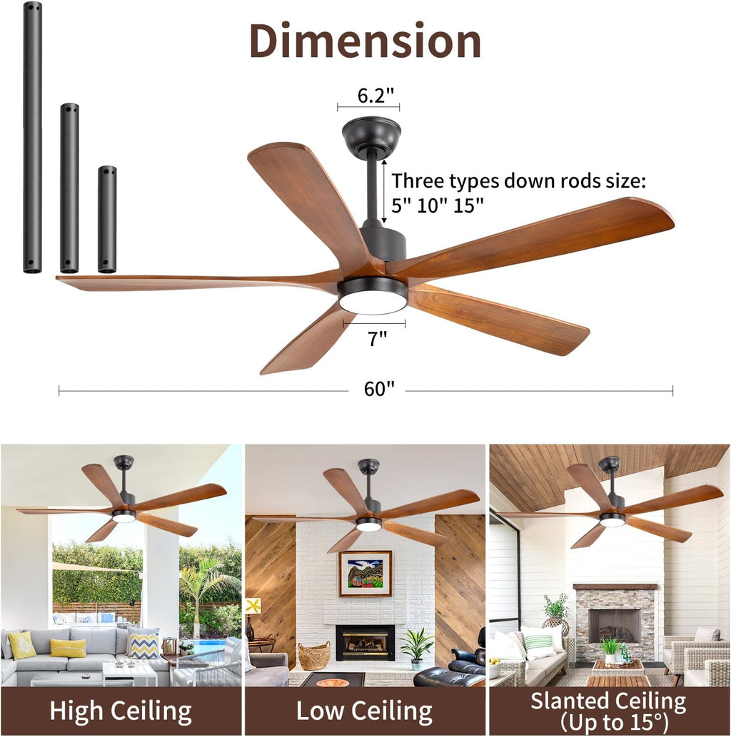 60 Inch Ceiling Fan with Light - 5 Walnut Wood Blades, UL Damp Rated for Indoor & Outdoor, 3 Color LED (3000K-6500K), DC Motor, 6-Speed Reversible Remote, Farmhouse Bedroom
