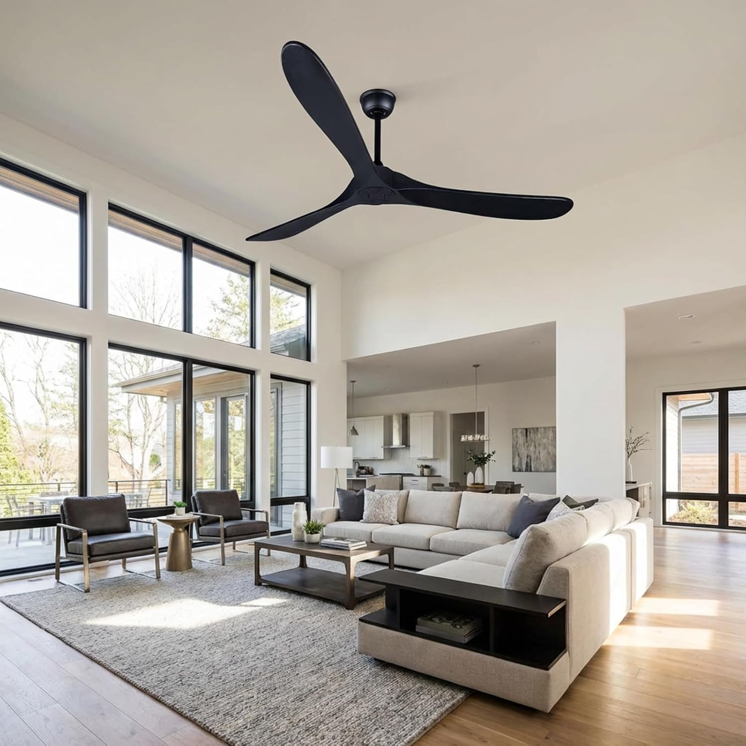 Black Ceiling Fans without Lights, 70'' Modern Solid Wood Ceiling Fan with Remote, Quiet DC Motor, Flush Mount Low Profile Indoor or Covered Patio Ceiling Fan for Bedroom Living Room