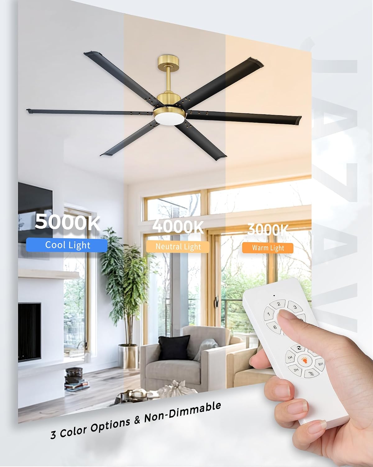 72 Inch Ceiling Fan with Light, Industrial Aluminum Blades, DC Motor 6 Speed Reversible,Covered Outdoor Porch, Black and Gold,CF06BGB-72