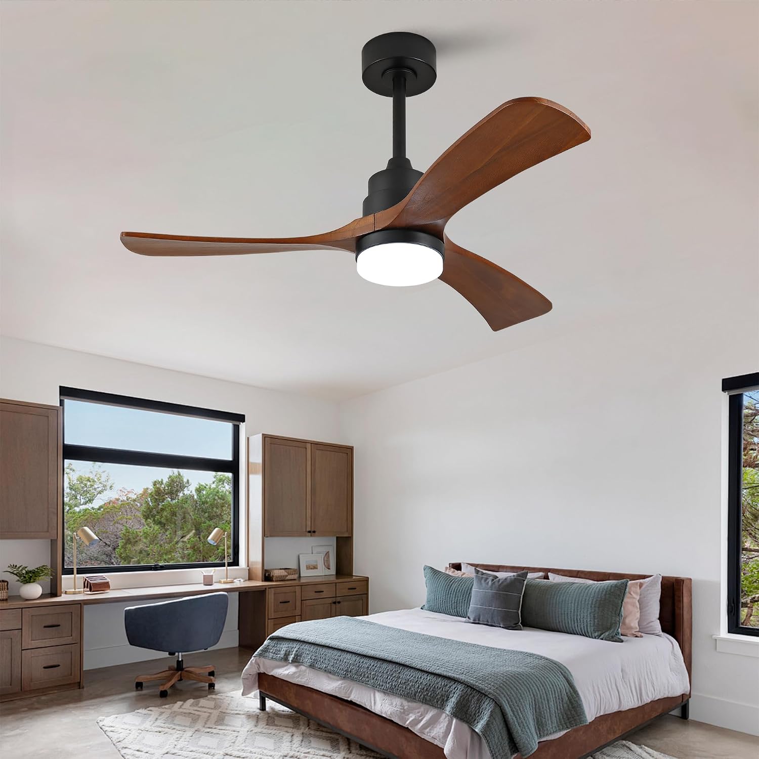 42 Inch Ceiling Fans with Lights and Remote, Outdoor Ceiling Fan for Patios with Light 3 Blades Ceiling Fan Noiseless Reversible DC Motor, Wood Fan for Farmhouse ES476