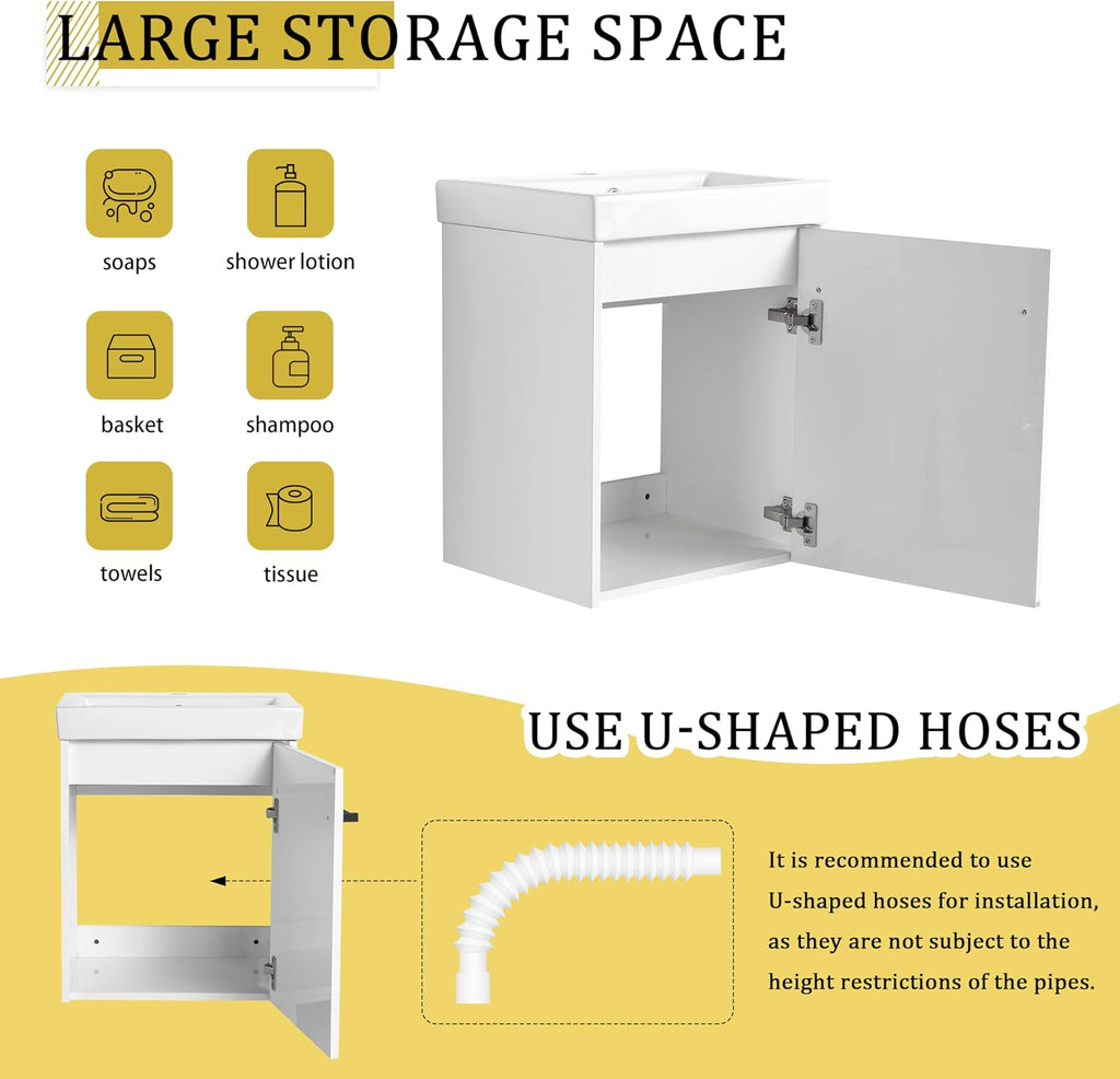 Glemab 17.31' Floating Wall-Mounted Bathroom Vanity, Wall-Mounted Storage Cabinet with Ceramic Sink, Soft-Close Cabinet Door, Bathroom Vanity with Ceramic Sink, White