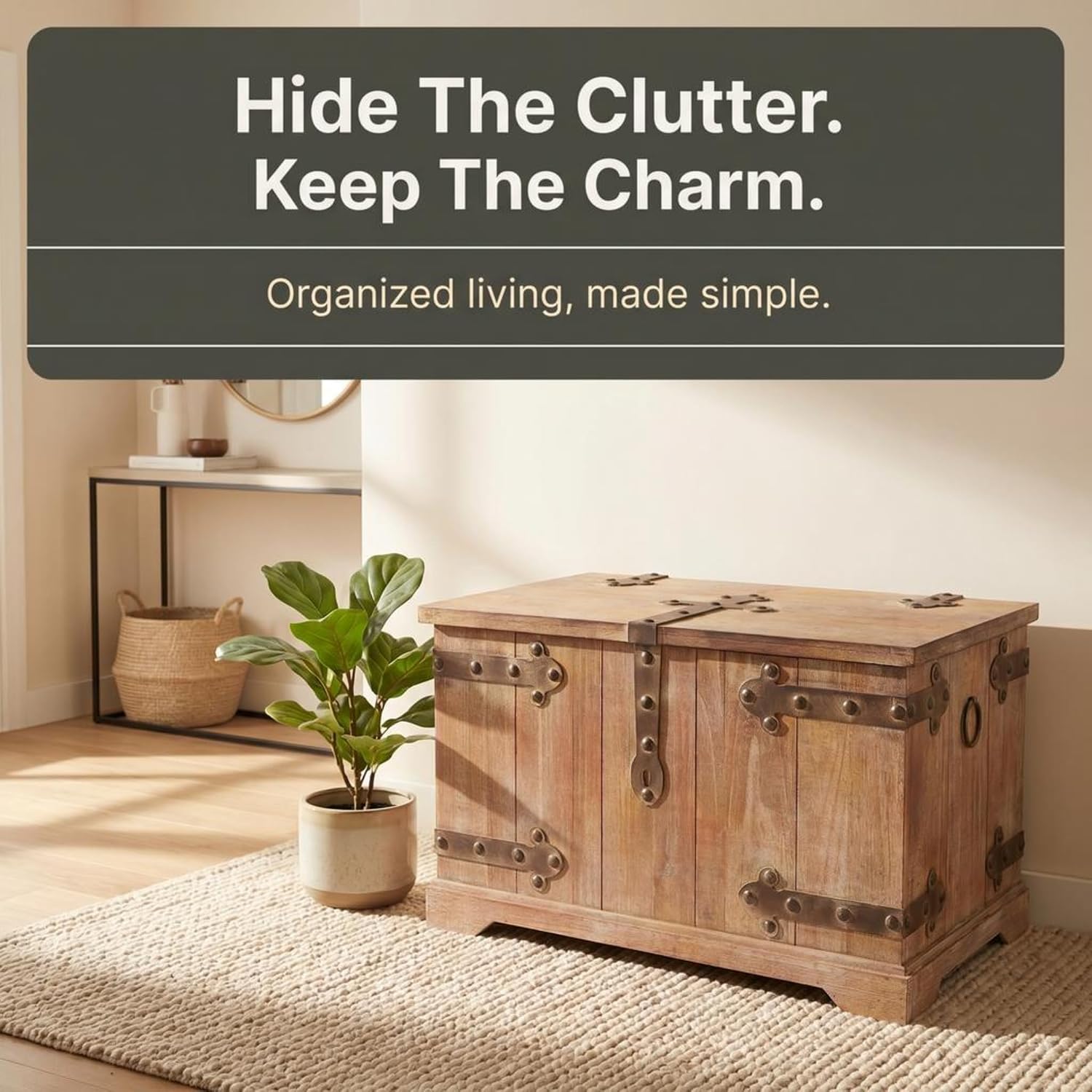 Household Essentials Victorian Style Decorative Trunk in Chinese Fir Wood with Metal Accents, Natural