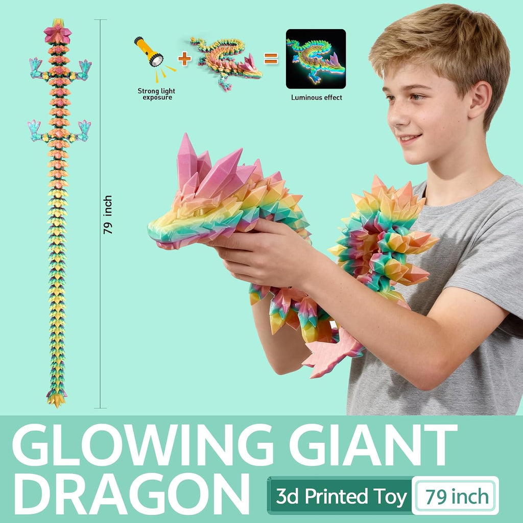 79'' Large 3D Printed Dragon Glow in The Dark,Crystal Dragon Fidget Toy,Cool Big Dragon Toy,Huge 3D Printed Dragon Gift for Girls Boys Kids Age 3-5 4-7 8-12 Years Old, Desk Decor, Collectible Gift