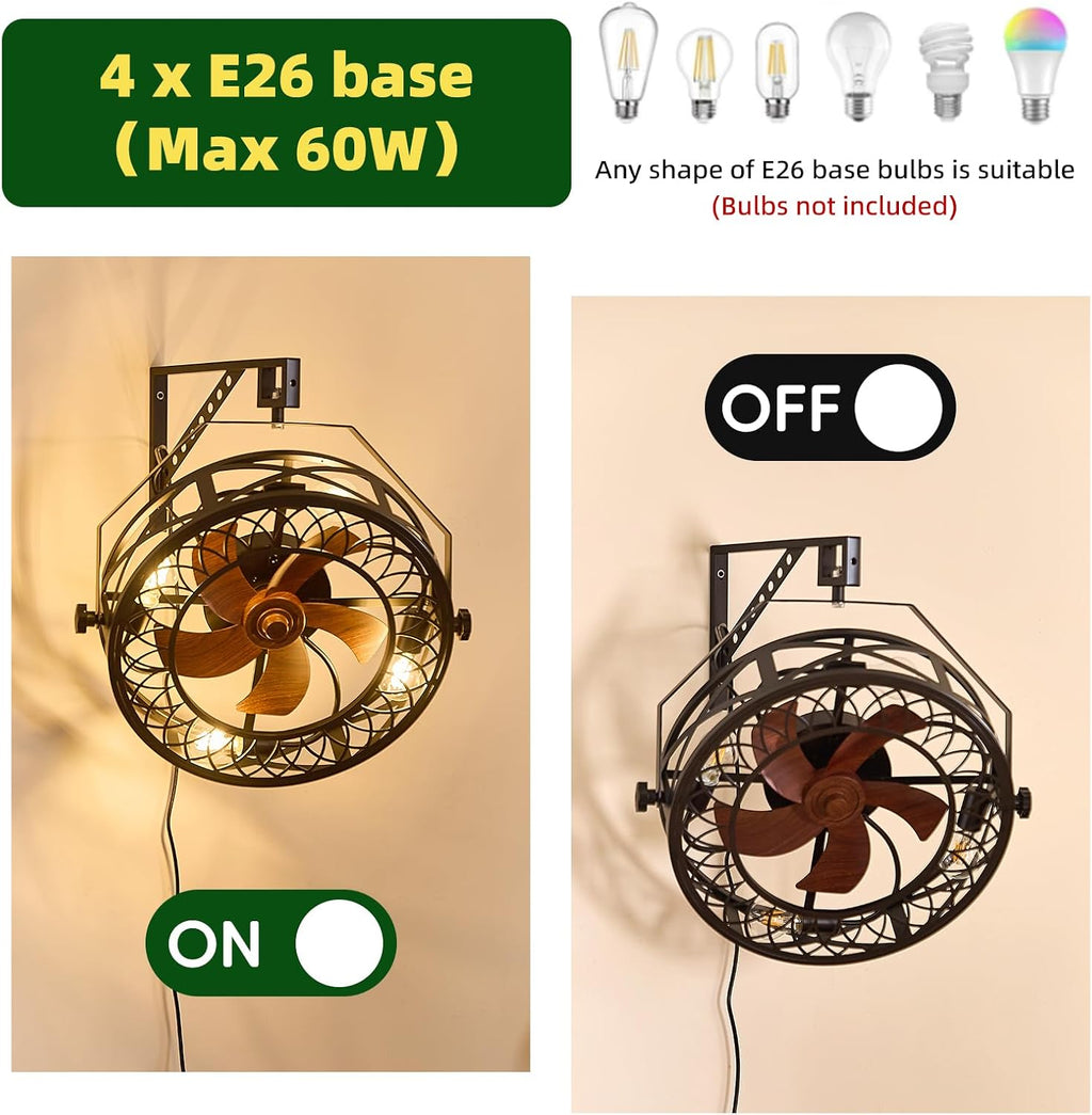 20' Wall Mount Fan with Lights, Wall Mounted Fan with Remote, 360° Adjustable Tilt Plug In Wall Fan, Indoor Industrial Fan Wall Mount for Garage, Bedroom, Workshop, Warehouse