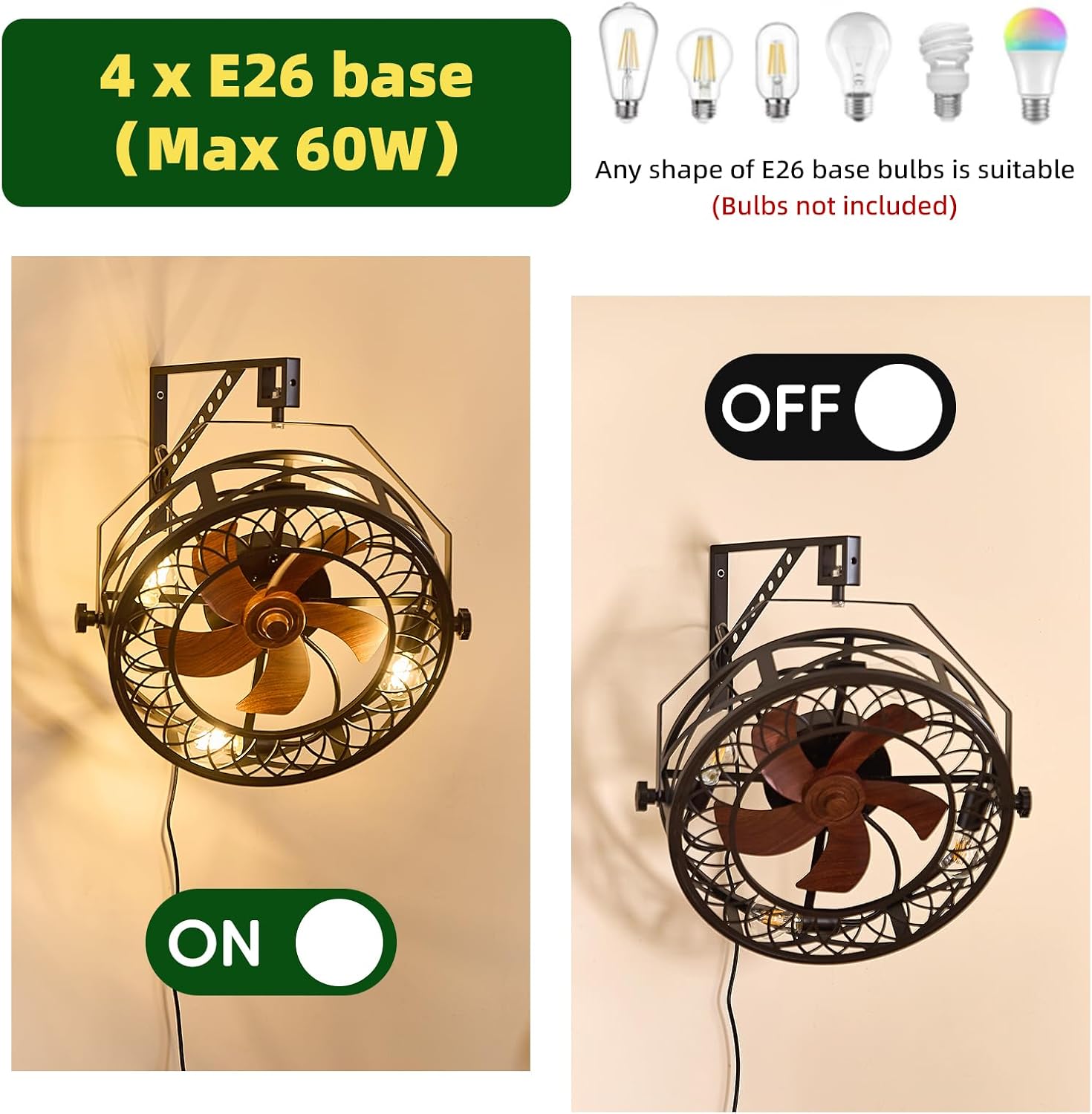20' Wall Mount Fan with Lights, Wall Mounted Fan with Remote, 360° Adjustable Tilt Plug In Wall Fan, Indoor Industrial Fan Wall Mount for Garage, Bedroom, Workshop, Warehouse